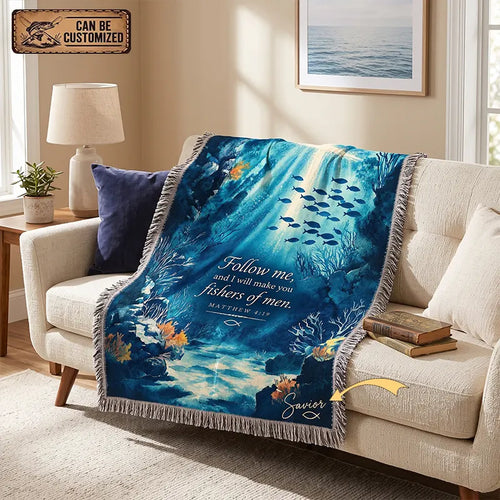 Personalized Matthew 4:19 Christian Fishing Ocean Tassels Blanket
