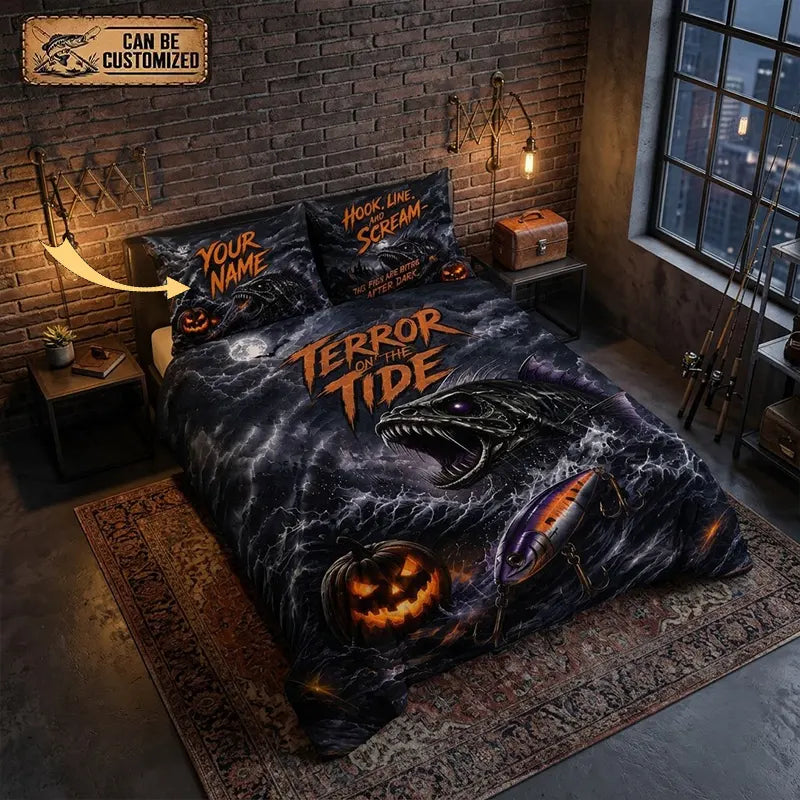 Personalized Terror on the Tide Halloween Fishing Quilted Bedding Set