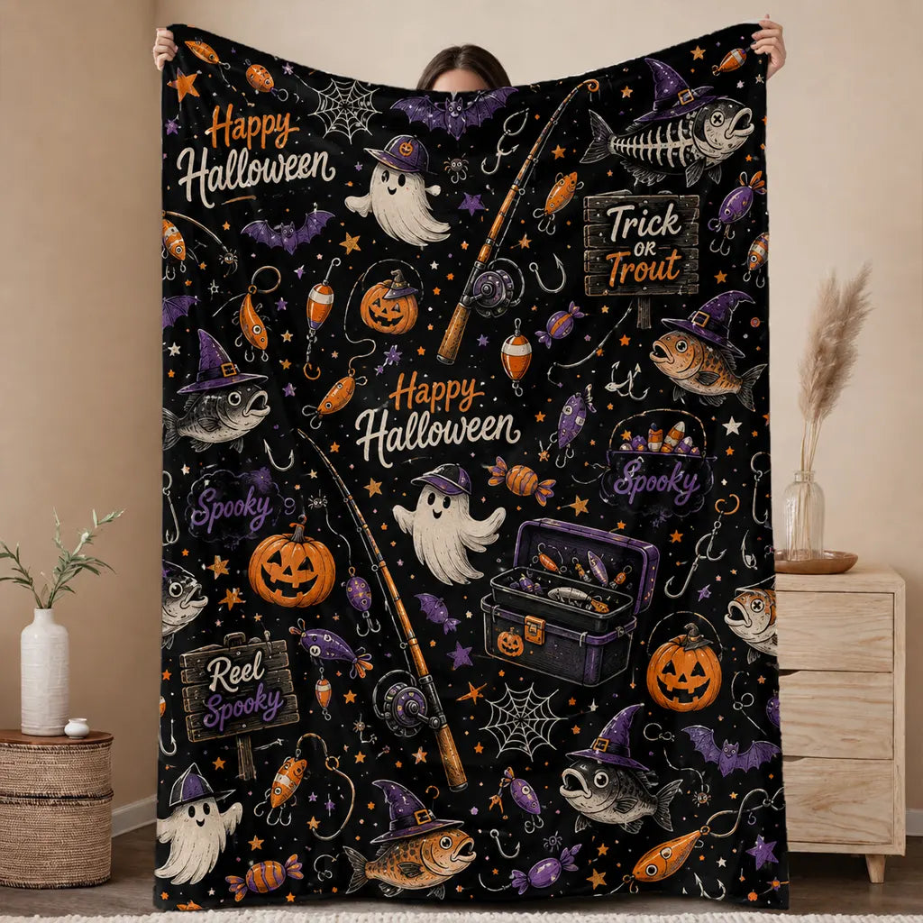 Halloween Fishing Trick or Trout Quilt Blanket