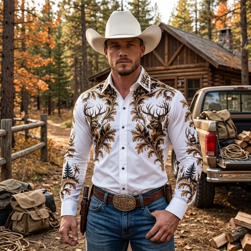 Wild Deer Hunting Oak Leaves Western Shirt