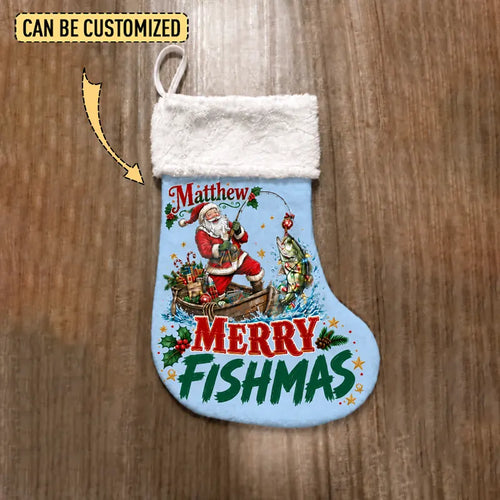 Personalized Santa Bass Fishing Merry Fishmas Christmas Stocking