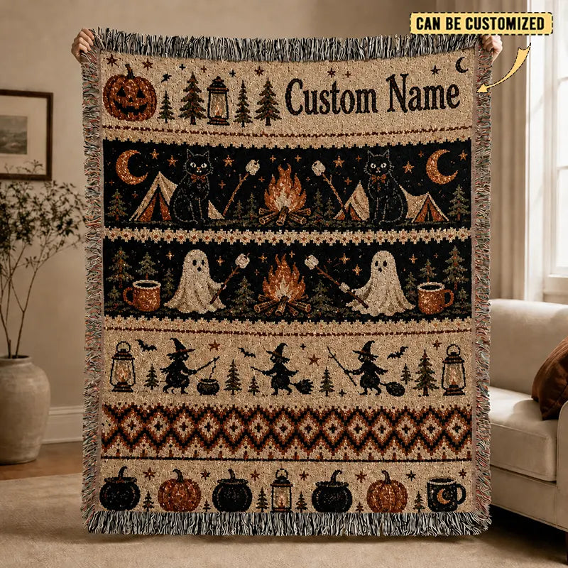 Spooky Campfire Personalized Halloween Tassels Blanket