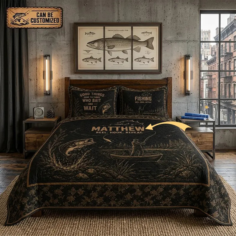Good Things Come to Those Who Bait and Wait Quilted Bedding Set