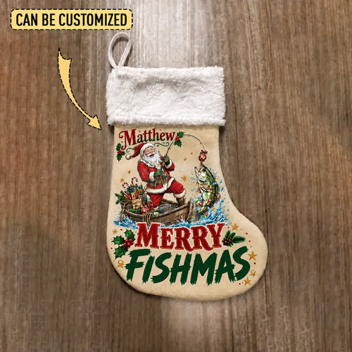 Personalized Santa Bass Fishing Merry Fishmas Christmas Stocking