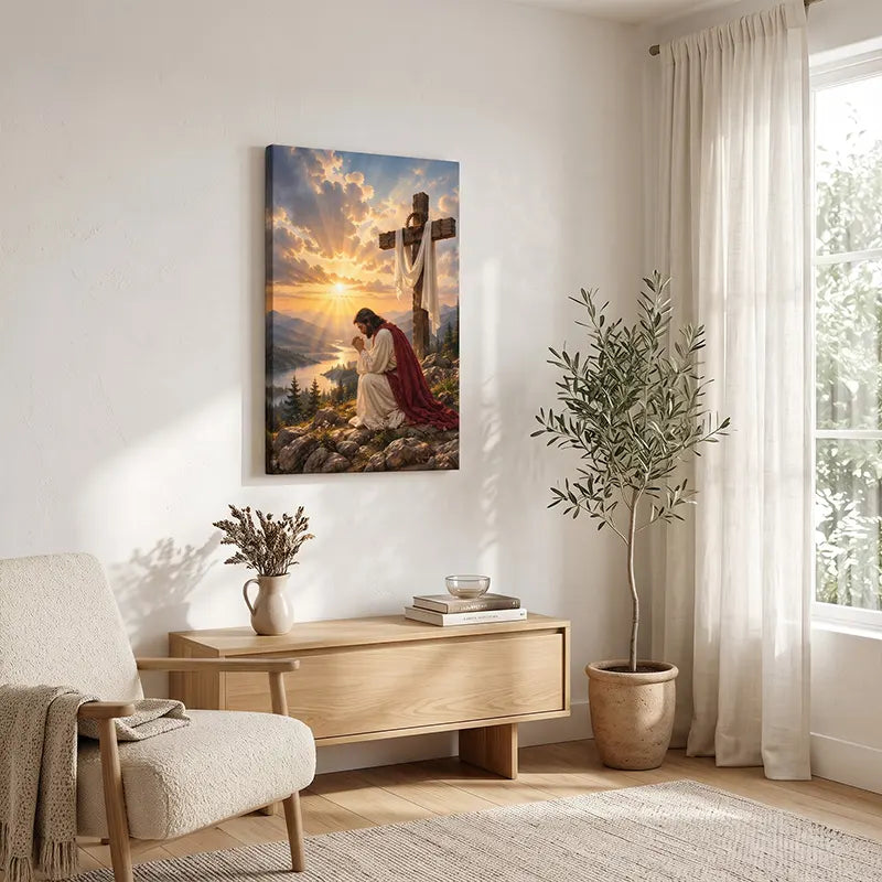 Praying Jesus at the Cross Christian Canvas Print