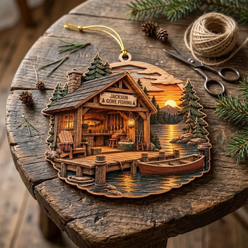 Personalized Fishing Cabin Christmas Wooden Ornament