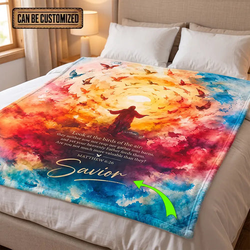 Personalized Matthew 6:26 Christian Birds Watercolor Fleece Blanket