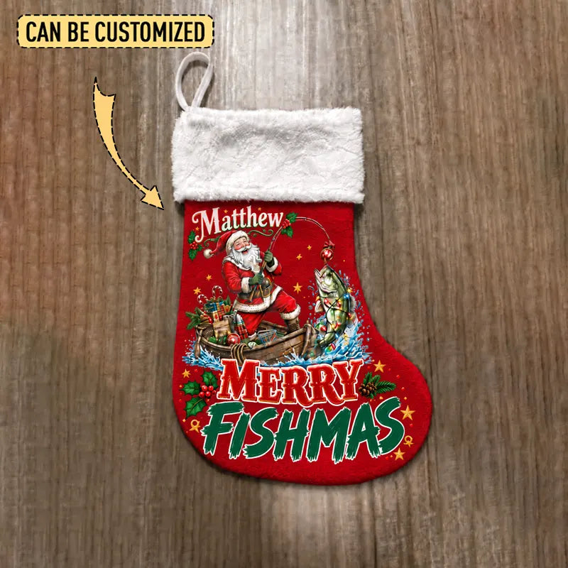Personalized Santa Bass Fishing Merry Fishmas Christmas Stocking
