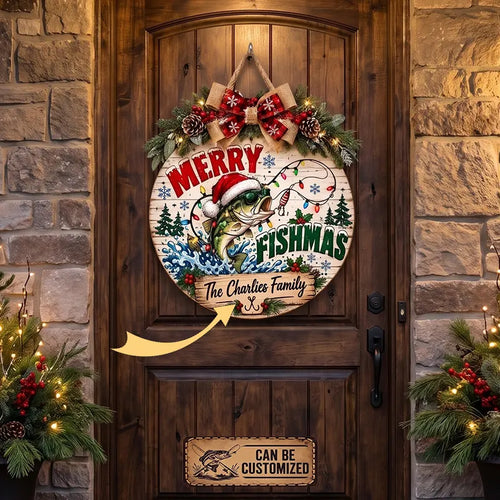 Personalized Merry Fishmas Christmas Round Door Sign