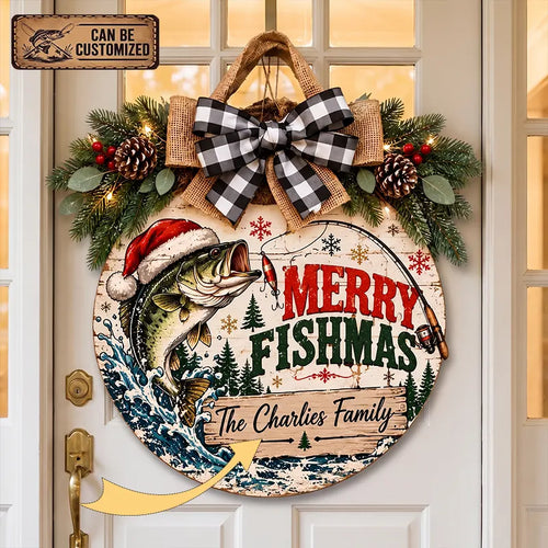 Personalized Merry Fishmas Christmas Round Door Sign