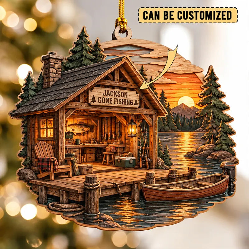 Personalized Fishing Cabin Christmas Wooden Ornament