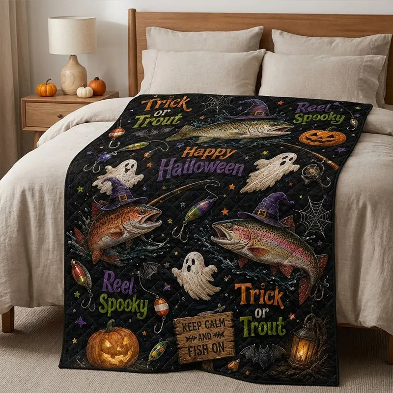 Halloween Fishing Trick or Trout Quilt Blanket