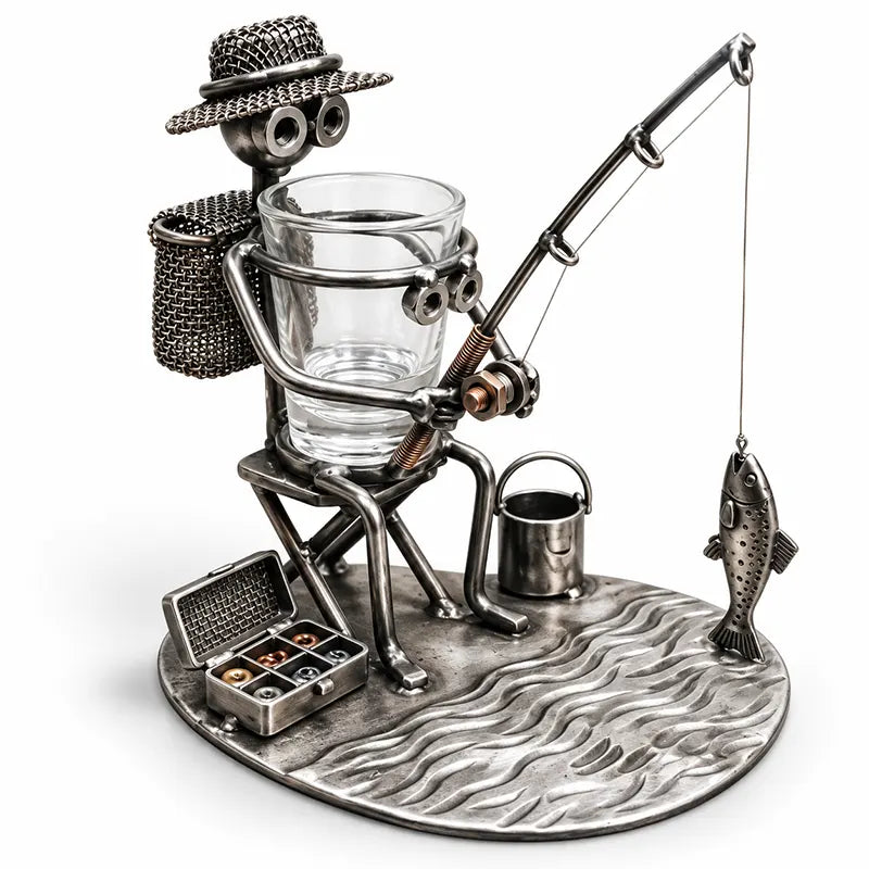 Fishing Man Metal Art Fishing Gift Shot Glass Holder