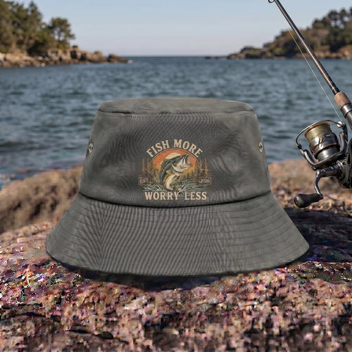 Fish More Worry Less Fishing Embroidered Bucket Hat
